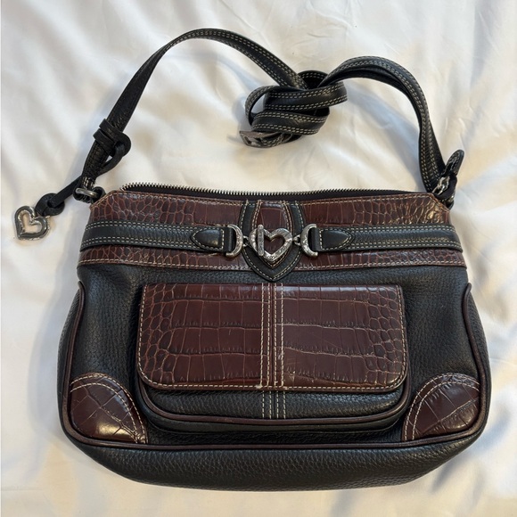 Brighton Handbags - Brighton Leather Shoulder Bag Brown & Black Croc Embossed Heart Buckle